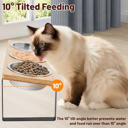 Elevated Cat Bowl, Raised Cat Food Bowls with 10° Tilted Stands, 3 Stainless Steel Bowls for Wet, Dry & Water, Hold by Bamboo Board, Anti Vomiting Cat Feeding Bowls with 4 Non-Slip Pads