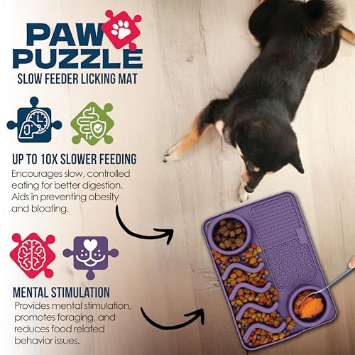 Palz&Co Paw Puzzle 2-in-1 Slow Feeder & Lick Mat for Dogs and Cats, Dry and Wet Food, Dishwasher Safe Silicone, Medium 12"x8", Purple - size: Medium