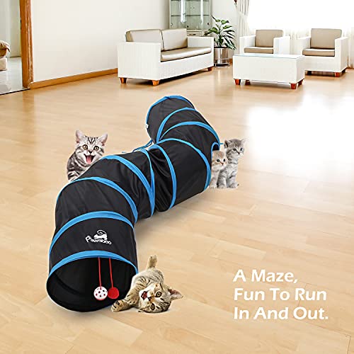 Pawaboo Cat Toys, Cat Tunnel Tube S-Shaped Tunnels 25x97cm Extensible Collapsible Cats Play Tent Interactive Toy Maze Cats House with Balls and Bells for Kitten Kitty Rabbit Small Animal, Blue - color: Blue, size: S Way