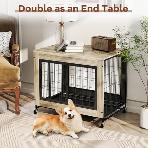 PETSITE Portable Dog Crate Furniture, 38 Inch Wooden Dog Kennel Side Table with Flip-up Top, 3 Lockable Doors and Removable Tray, Ideal for Small to Medium Dogs (Grey) - color: Grey
