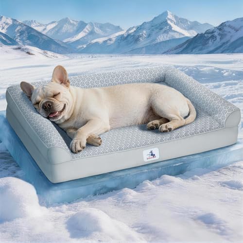 Cooling Dog Bed with PCM, Instant Chill Pet Sofa for Small Dogs, Orthopedic Egg Crate Foam with Bolster Sides, Washable & Waterproof Dog Couch, Non-Slip Bottom, Grey 30"x20"x6" - color: Frosted Grey, size: 30x20x6inch