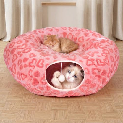 Cat Tunnel Bed, Cute Cat Tunnel Toy with Washable Cushion, Fits Indoor Cats up to 25 lbs, Cute Peekaboo Cave Pet Bed for Kittens, Rabbits, Pink Heart - color: Pink Heart