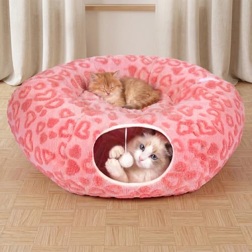 Cat Tunnel Bed, Cute Cat Tunnel Toy with Washable Cushion, Fits Indoor Cats up to 25 lbs, Cute Peekaboo Cave Pet Bed for Kittens, Rabbits, Pink Heart - color: Pink Heart