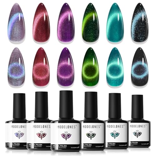 modelones Cat Eye Gel Nail Polish, 6 Colors Glitter Red Green Purple Blue Gel Polish Set with Magnet Sparkle Galaxy Series Nail Gel Polish Kit Soak Off Led Nail Art Manicure Salon DIY Gifts - color: A Galaxy
