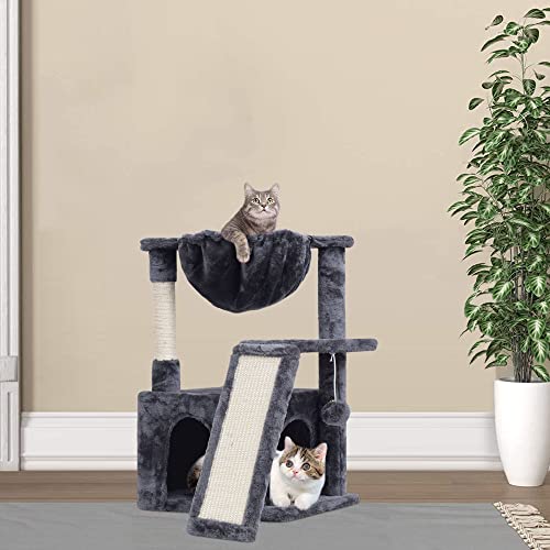 SYANDLVY 23.62" Cat Tree for Indoor Large Cats, Cat Tower with Scratching Posts & Board, Modern Cat Bed Furniture with Condo & Basket (Smoky Grey) - color: Smoky