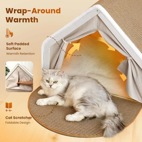 Cat Houses for Indoor Cats - 4 Seasons Cat Bed Cave with Natural Sisal Cat Scratcher Mat, Solid Wood Frame Cat House with Curtains and Cat Floor Scratching Pad Rug, Protect Couch and Carpets, S