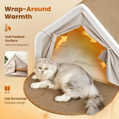 Cat Houses for Indoor Cats - 4 Seasons Cat Bed Cave with Natural Sisal Cat Scratcher Mat, Solid Wood Frame Cat House with Curtains and Cat Floor Scratching Pad Rug, Protect Couch and Carpets, S
