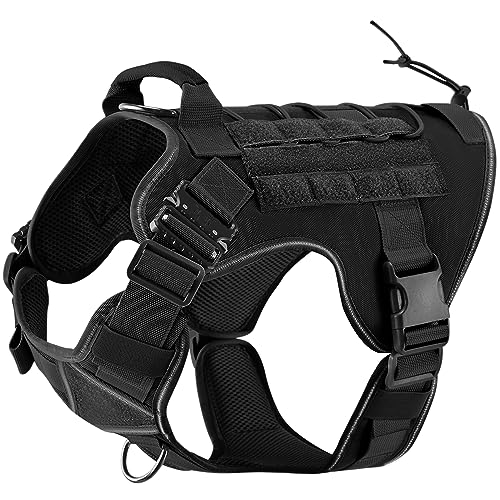 Tactical Dog Harness, 2X Metal Buckle, Military Reflective Dog Harness with Hidden Airtag Holder and Handle, Adjustable No-Pull Service Dog Vest with Molle & Loop Panels - color: Black, size: M