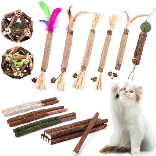 WOUSEDO Catnip Chew Toys for Cats, 24 Pack Cat Toys with Silvervine Sticks, Natural Silvervine Stick Cage Balls & Bell Balls for Indoor Cats - size: 24 Pack