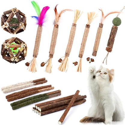 WOUSEDO Catnip Chew Toys for Cats, 24 Pack Cat Toys with Silvervine Sticks, Natural Silvervine Stick Cage Balls & Bell Balls for Indoor Cats - size: 24 Pack