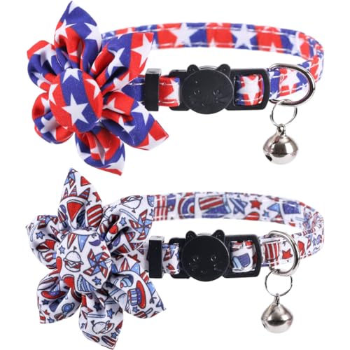 American Flag Cat Collar with Bell Sunflower Star Adjustable 4th of July Breakaway Cat Kitten Collars for Independence Day - color: 4th of July-2-sunflower