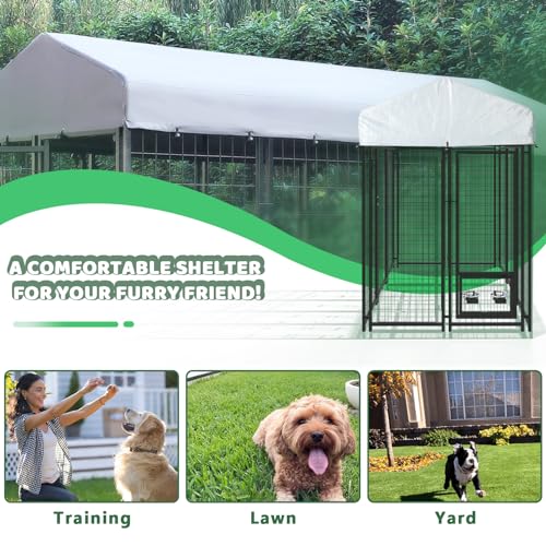 LEMBERI 6x4x6 FT Outdoor Dog Kennel for Large Dogs, Heavy Duty Welded Wire Steel Dog Playpen Fence with Secure Lock, Pet Pen with UV-Resistant Waterproof Roof Cover for Outside - size: 69"L x 50.4"W x 72.1"H