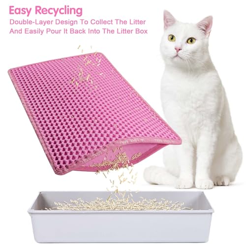 Cat Litter Mat, 21 x 14 Inches Large Honeycomb Double Layer Cat Litter Trapping Mat, Non Slip Waterproof Urine Proof Cat Litter Box Mat, Kitten Supplies and Essentials, Pink - color: Pink