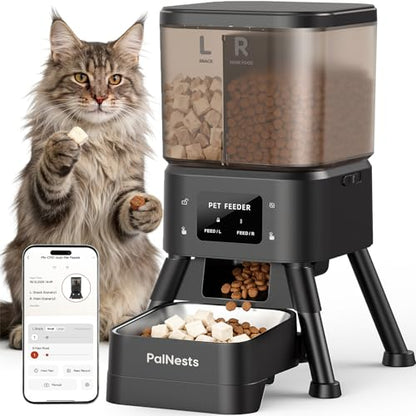 Automatic Cat Feeder, 4L Dual Hopper Smart WiFi Pet Food Dispenser with 2.4G/5G App Control, Custom Schedule, Portion Control, Freshness Lock for Dry Food and Treats, Black
