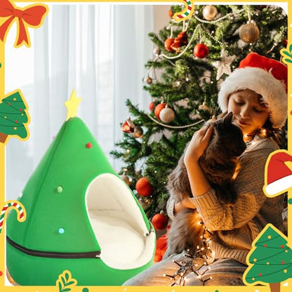 Beeveer Green Christmas Tree Cat House - 2 in 1 Foldable Cat Bed Tent with Self Warming Feature