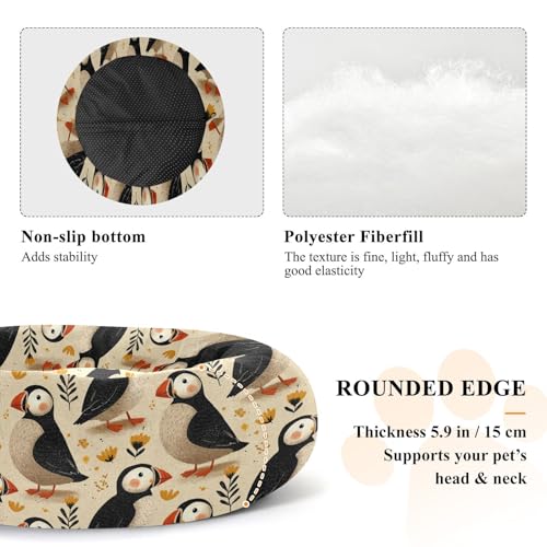 Calming Donut Dog Bed Puffins Floret Design, 22" Washable Pet Lounger with Removable Cover, Cozy Cushion Comfort Nest for Medium Dogs - size: Medium