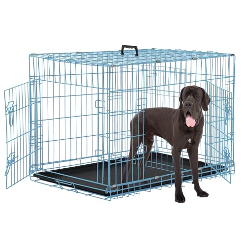 48 Inch Extra Large Dog Crates for Medium Dogs, Double-Door Folding XXL Dog Cage for Large Dog, Indoor/Outdoor Dog Crates Metal Wire Pet Kennel with Plastic Tray and Handle(Blue) - color: Blue, size: 48.0"L x 29.0"W x 32.0"H