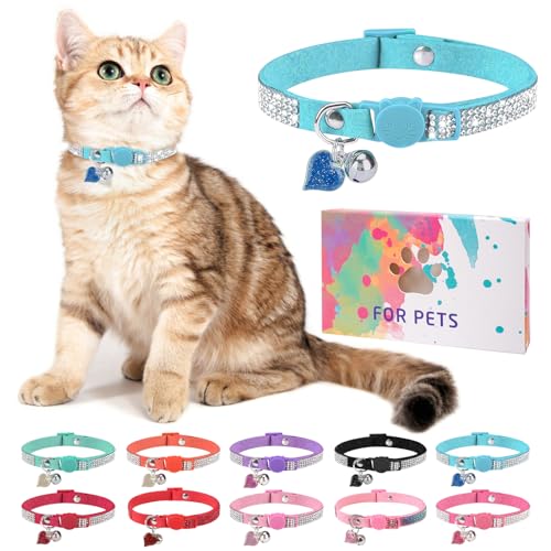 Rhinestone Cat Collar Breakaway with Bell, Diamond Cat Collar with Safety Buckle Quick Release for Girl Boy Small Kitten Pets Puppy,Cute Soft Female Male Cat Collars, Color Blue 8-12" - color: Blue (1 Pack), size: 8"-12" Cats / Mini Dogs