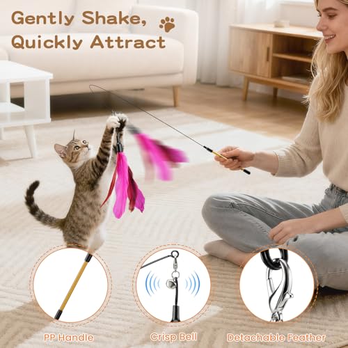 Pawaboo Feather Teaser Cat Toy, Interactive Wands Cats Toy Flying Feathers Cat Catcher with Extra Long 34.5" Wand and Small Bell, Playing Toys, 1 Wand + 6 Feathers, Multi-Color Feather Blend - color: Z-Multi-Color Feather Blend-6 Pack