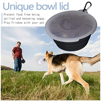 Collapsible Dog Bowls - Portable Travel Dog Bowls with Lids & Carabiners, 2 Pack Silicone Feeding Watering Pet Bowls for Dogs Cats, 450ml/15oz Collapsable Doggy Bowl for Walking Hiking (Grey+Black)