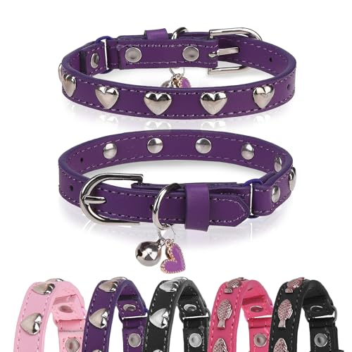 Leather Cat Collars for Boy Girl Cats with Bell and Safety Elastic Belt, Personalized Love and Fish Stud Adjustable Safe Buckle Collar for Kitty Small Big Cats Size 8-11 Inch, Purple - color: Purple_Love Heart, size: 8"-11" Cats / Mini Dogs(Pack of 1)