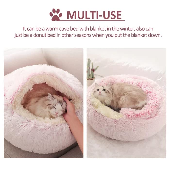 Cat Bed Round Fluffy Hooded Cat Bed Cave, Anti-Anxiety Cave Bed with Hooded Blanket, Cozy Cuddler Luxury Puppy Pet Bed, Anti-Slip Bottom and Machine Washable (Pink, Large) - color: Pink, size: Large