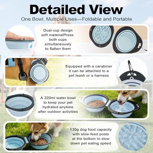 Blue Collapsible Dog Bowls with Carabiner 2-in-1 Foldable Slow Food Bowl(130g)&Water Bowl(320ml) for Dogs and Cats Travel - color: Blue