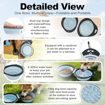 Blue Collapsible Dog Bowls with Carabiner 2-in-1 Foldable Slow Food Bowl(130g)&Water Bowl(320ml) for Dogs and Cats Travel - color: Blue