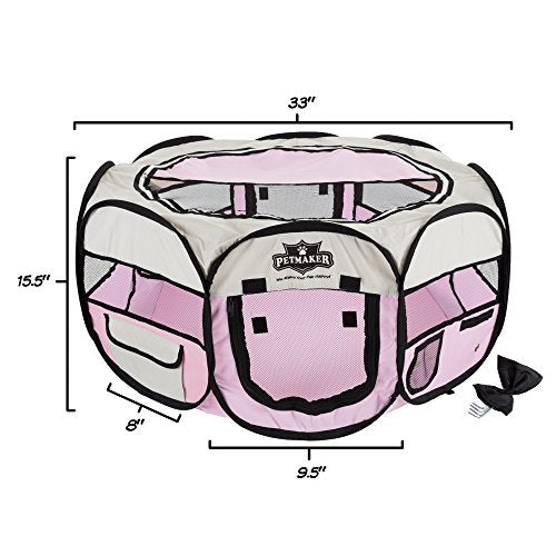 Portable Puppy Playpen - Small Pop-Up Play Yard for Pets Up to 25lbs with Mesh Windows, 2 Pockets, Zippered Roof, and Carry Bag by PETMAKER (Pink)