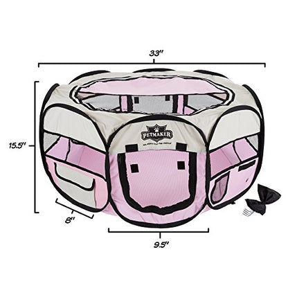 Portable Puppy Playpen - Small Pop-Up Play Yard for Pets Up to 25lbs with Mesh Windows, 2 Pockets, Zippered Roof, and Carry Bag by PETMAKER (Pink)