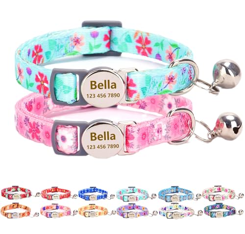 2 PCS Custom Personalized Customized Engraved Breakaway Boy Girl Kitten Cat Collar with ID Name Phone Number Buckle with Bell