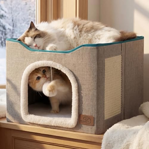 Bedsure Cat Beds for Indoor Cats - Large Cat Cave for Pet Cat House with Fluffy Ball Hanging and Scratch Pad, Foldable Cat Hideaway, 16.5x16.5x13 inches, Grey - color: Grey, size: Single