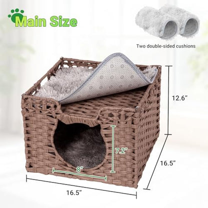 Handwoven Rattan Cat House w/ 2 Cushions, Wicker Cat Bed Indoor Kitten House, Waterproof & Foldable Pet Cube Bed, Brown, 16.5”L x 16.5”W x 12.6”H - color: Brown