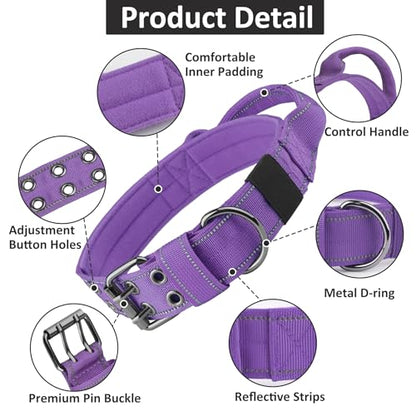 Tactical Dog Collar with Control Handle, Military Adjustable Pet Collar Reflective Heavy Metal Buckle Dog Collar, Soft Nylon Training Collar for Medium Large Dogs (Purple, Large) - color: Purple, size: Large