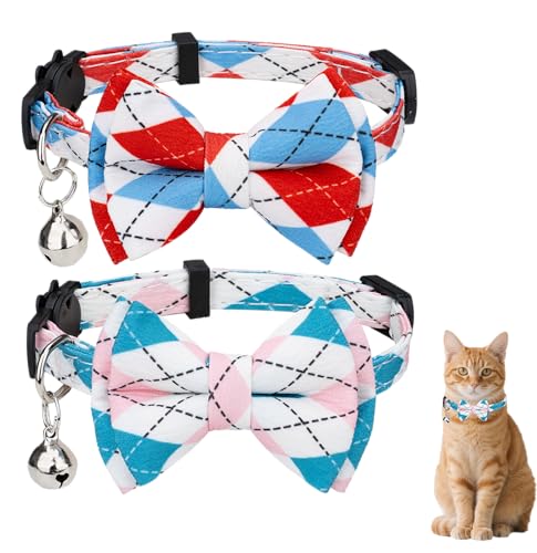 Cat Collar with Bow Tie 2pcs Set Bell Boy Girl Kitten Safety Plaid Grid Checkered Solid Color Suede Velvet Cute Soft Gift C-[2pcs] Argyle - color: Style C-[2pcs] Argyle