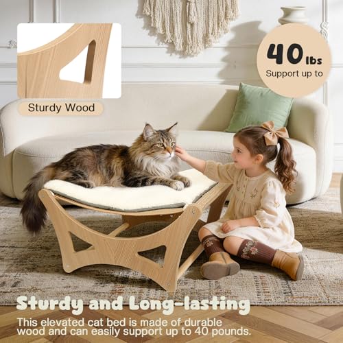 Cat Hammock Bed, Wooden Elevated Cat Beds with Natural Sisal Scratching Mat, Cats Scratcher Bed with Removable Soft Cushion, Cats Scratching Beds with Wood Frames, 22" L x 17.7" W - color: Natural Wood