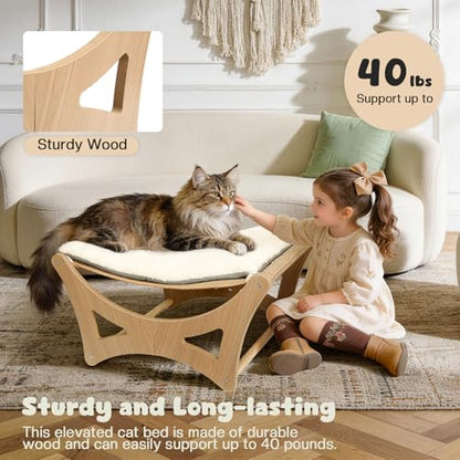 Cat Hammock Bed, Wooden Elevated Cat Beds with Natural Sisal Scratching Mat, Cats Scratcher Bed with Removable Soft Cushion, Cats Scratching Beds with Wood Frames, 22" L x 17.7" W - color: Natural Wood