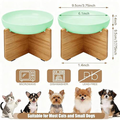 Shallow Elevated Cat Bowls with Bamboo Stand, 6.1 Inch Wide Ceramic Cat Dish Whisker Friendly, 2 Pack Pet Food and Water Plates - color: Mint green 2 pack
