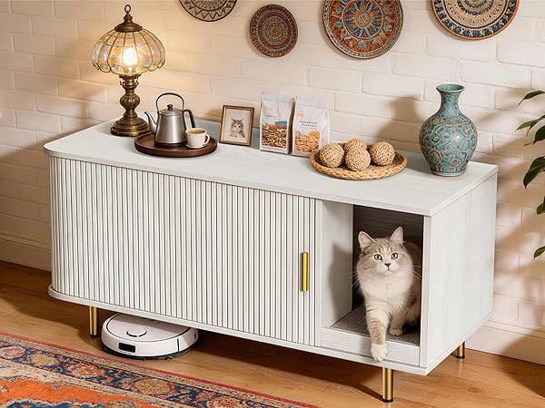 Cat Litter Box Enclosure with Scratch Pad, Sliding Door, 38.5" Cat Litter Furniture Hidden Litter Box Cabinet, Modern Indoor Cat House, TV Stand, Side End Table for Living Room (White) - color: White
