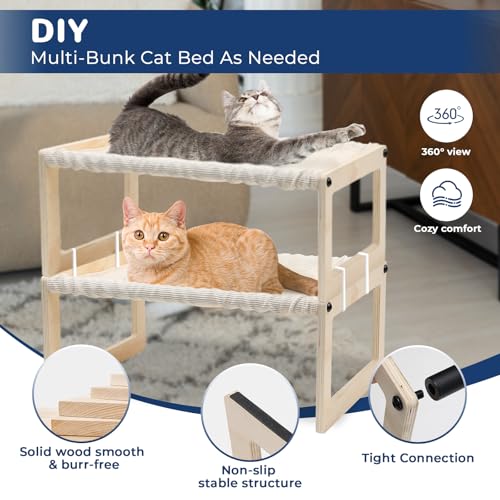 Cat Bed with Washable Pad - 9.5" Elevated Wooden Cat Hammock Bed, 360° View Design, Cot with Breathable Summer Mattress for Kitty, Puppy, Rabbit and All Pets - color: Cream Color (Thin)