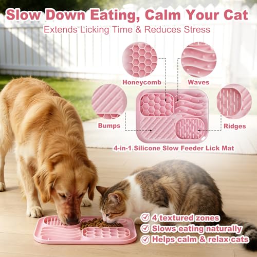 AZY 3-Piece Slow Feeder Cat Bowl and Lick Mat Set – Silicone Cat Treat Spoon & Feeding Mat for Wet Food, Enrichment and Slow Eating (Pink) - color: pink