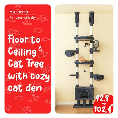 Cat Tree, Floor to Ceiling Cat Tower Adjustable Height [92.9-102.4in=235-258cm], 7 Tiers Cat Climbing Play House with Scratching Post, Cozy Condo&Hammocks for Indoor Cats, Smoky Grey - color: Smoky Grey