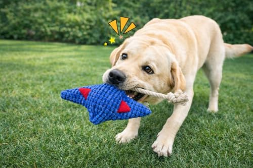 Durable Stingray Manta Ray Rope Plush Dog Toy with Squeaker – Strong Stitched Seams, High Resilience Cotton, Interactive Tug-of-War for Small to Large Breeds, Teething Puppies & Moderate Chewers - color: Blue Fish