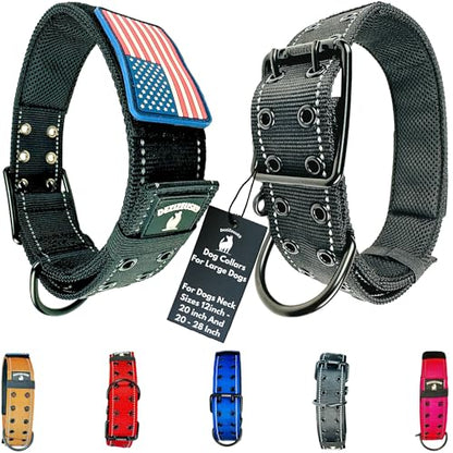 Tactical Dog Collar 2 Inch Wide Heavy Duty with Metal 2-Pin Belt Buckle for Medium, Large & XL Dogs, Thick Military-Style K9 Collar, Reflective, with Name Plate Area, USA Flag Patch, Strong & Durable - color: BLACK, size: 12-20 inches