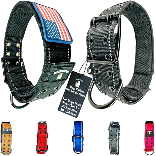 Tactical Dog Collar 2 Inch Wide Heavy Duty with Metal 2-Pin Belt Buckle for Medium, Large & XL Dogs, Thick Military-Style K9 Collar, Reflective, with Name Plate Area, USA Flag Patch, Strong & Durable - color: BLACK, size: 12-20 inches