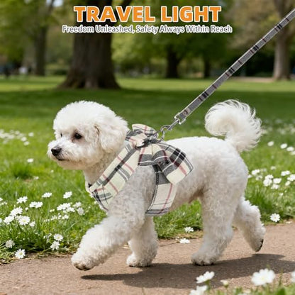 KOOLTAIL Cute Cat Harness and Leash Set with Bowtie, Small Dog Vest Harnesses, Step in No Pull Soft Mesh Padded Adjustable Plaid Pet Harness for Extra-Samll Medium Puppy Kitten, Boy Girl, Beige XS - color: Beige, size: XS (Chest Girth: 11.5"-12.8")