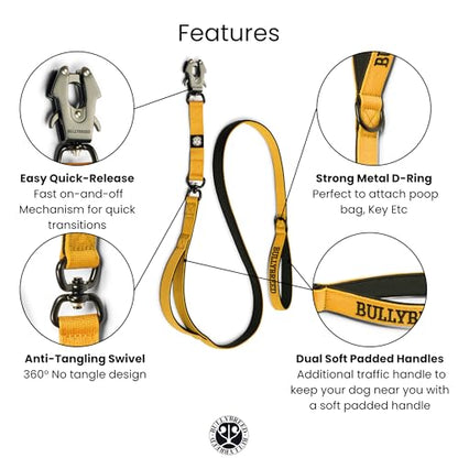 BULLYBREED | Heavy Duty Dog Leash, Tactical Dog Leash, Quick Release Frog Clip with Dual Anti-Tangling Swivel System for Large Dogs That Pull with Soft Handle (Yellow) - color: Yellow