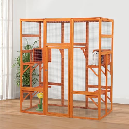 COZIWOW Large Wooden Cat Cage with Perche and Condo, Play Run Enclosure Indoor Kitty Window Kennel with Waterproof Roof&Safety Lock, 7 Platforms & 2 Resting Box, 62.4"L x 32.4"W x 70"H, Deep Orange