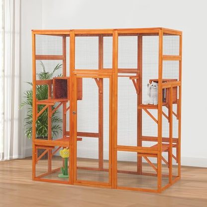 COZIWOW Large Wooden Cat Cage with Perche and Condo, Play Run Enclosure Indoor Kitty Window Kennel with Waterproof Roof&Safety Lock, 7 Platforms & 2 Resting Box, 62.4"L x 32.4"W x 70"H, Deep Orange