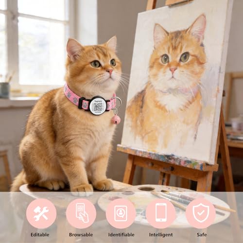 Safe & Elegant Cat Collar Breakaway with QR Code ID, 2 Pack Adjustable Kitten Collar with Name Tag & Bells – Smart Reflective Safety for Easy Pet Info Management (Pink)